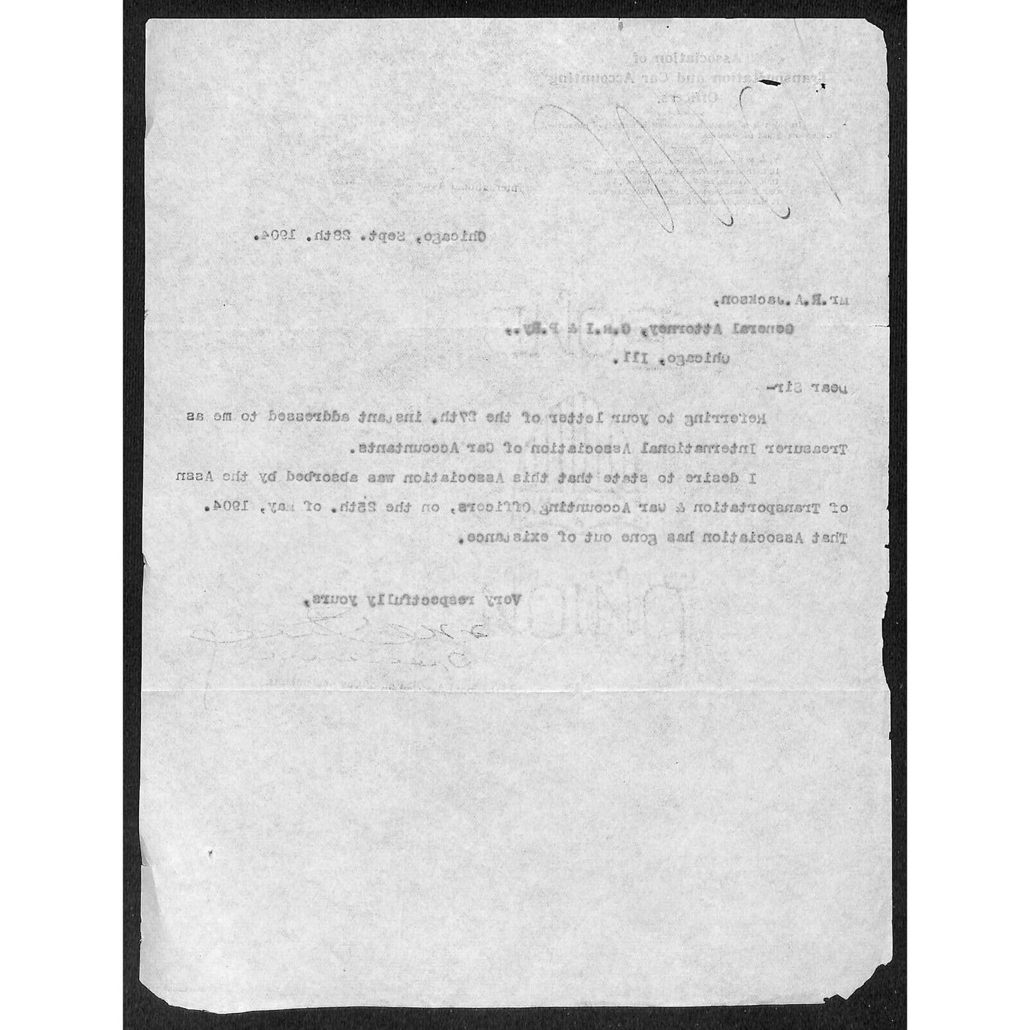 Association of Transportation and Car Accounting Officers 1904 Letterhead