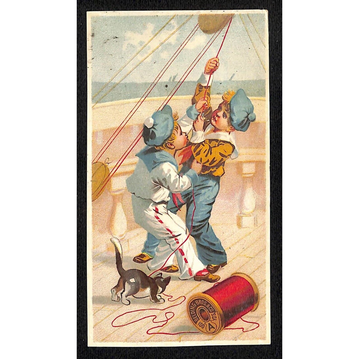 Boys Sailboat Victorian Trade Card Kitten Plays Worsley & Peterson Chicago