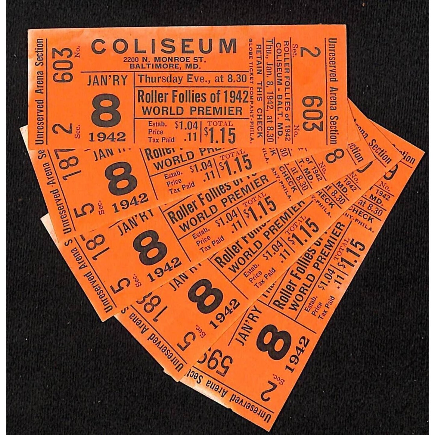 Grp of 5 Baltimore Coliseum "Roller Follies of 1942 World Premier" Tickets