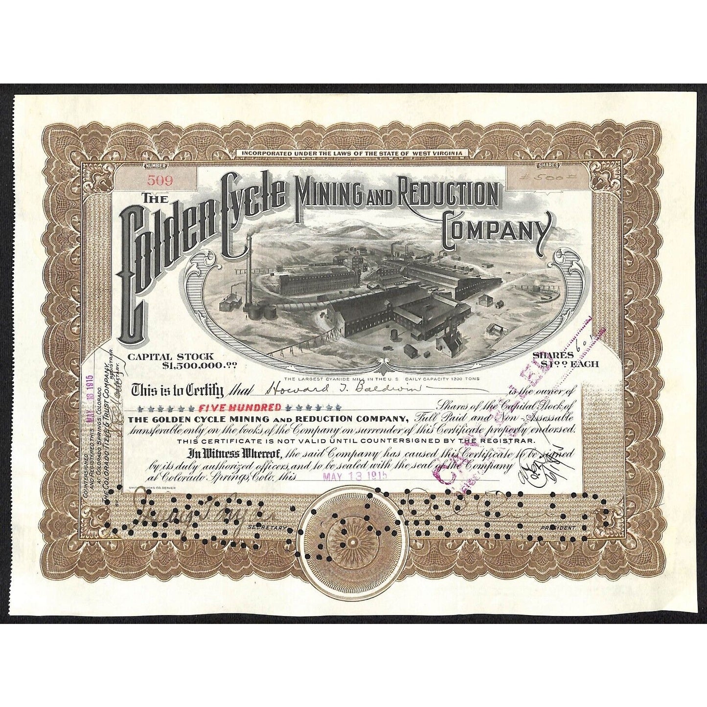 Golden Cycle Mining 1915 Stock Certificate w/ A.E. Carlton Sig. #509
