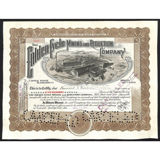 Golden Cycle Mining 1915 Stock Certificate w/ A.E. Carlton Sig. #509