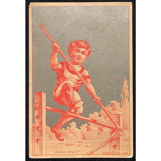 Blank Victorian Trade Card "High Vault" Boy Breaks Pole Jumping Fence