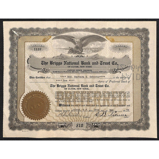 Briggs National Bank and Trust Clyde NY 1939 Stock Certificate Barbara Z Osborne
