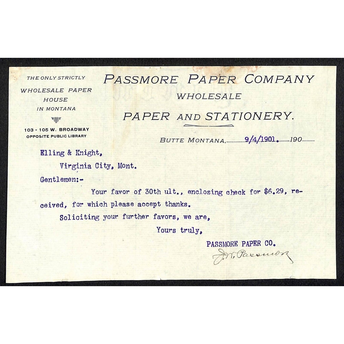 1901 Passmore Paper Co. Stationary Butte, MT TLS Letterhead Henry Elling*