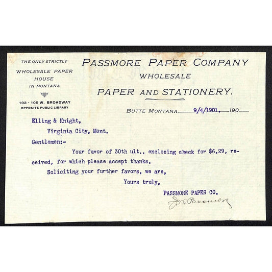 1901 Passmore Paper Co. Stationary Butte, MT TLS Letterhead Henry Elling*