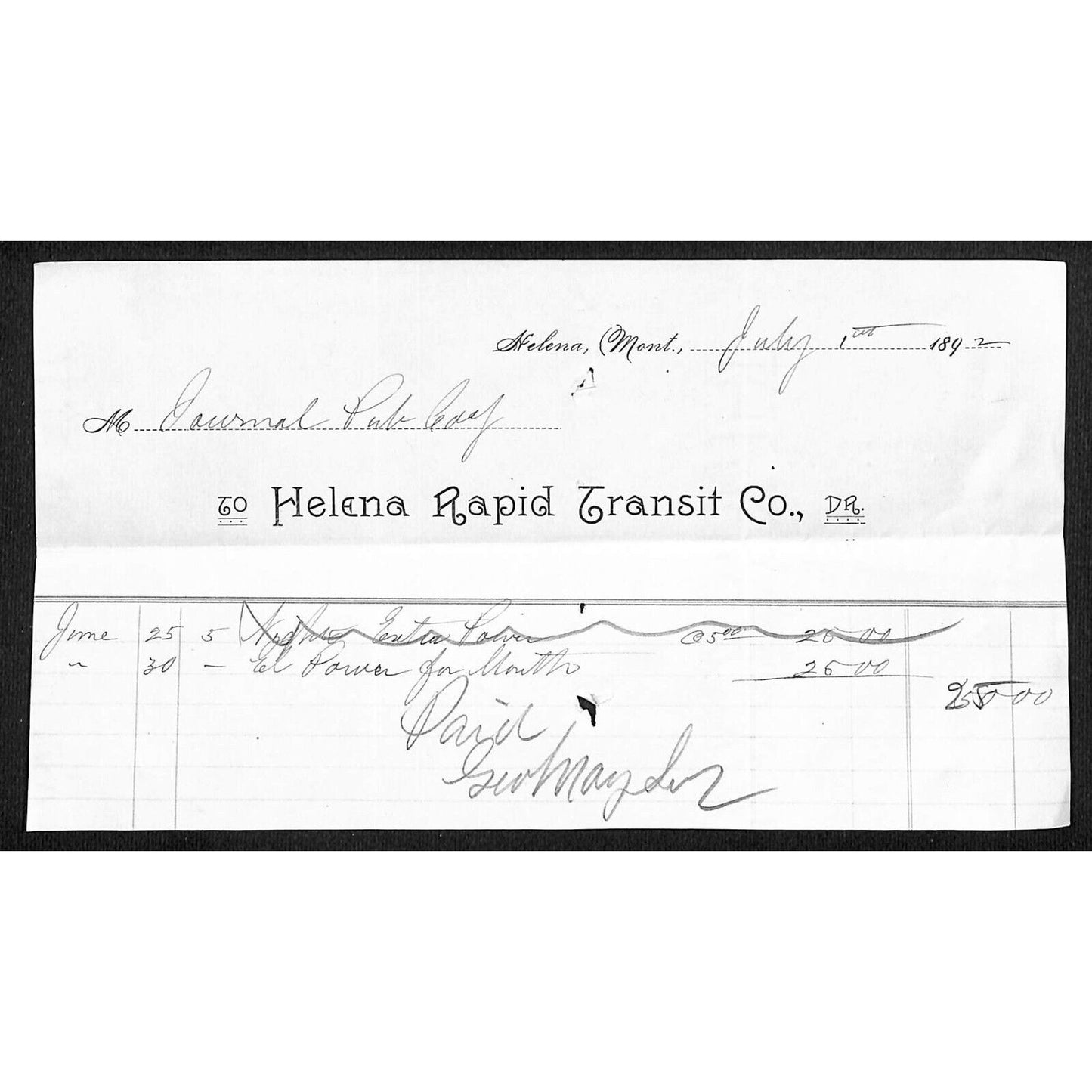 Helena Power Company 1892 Billhead for "Power for Month" $25 to Journal Pub. Co.