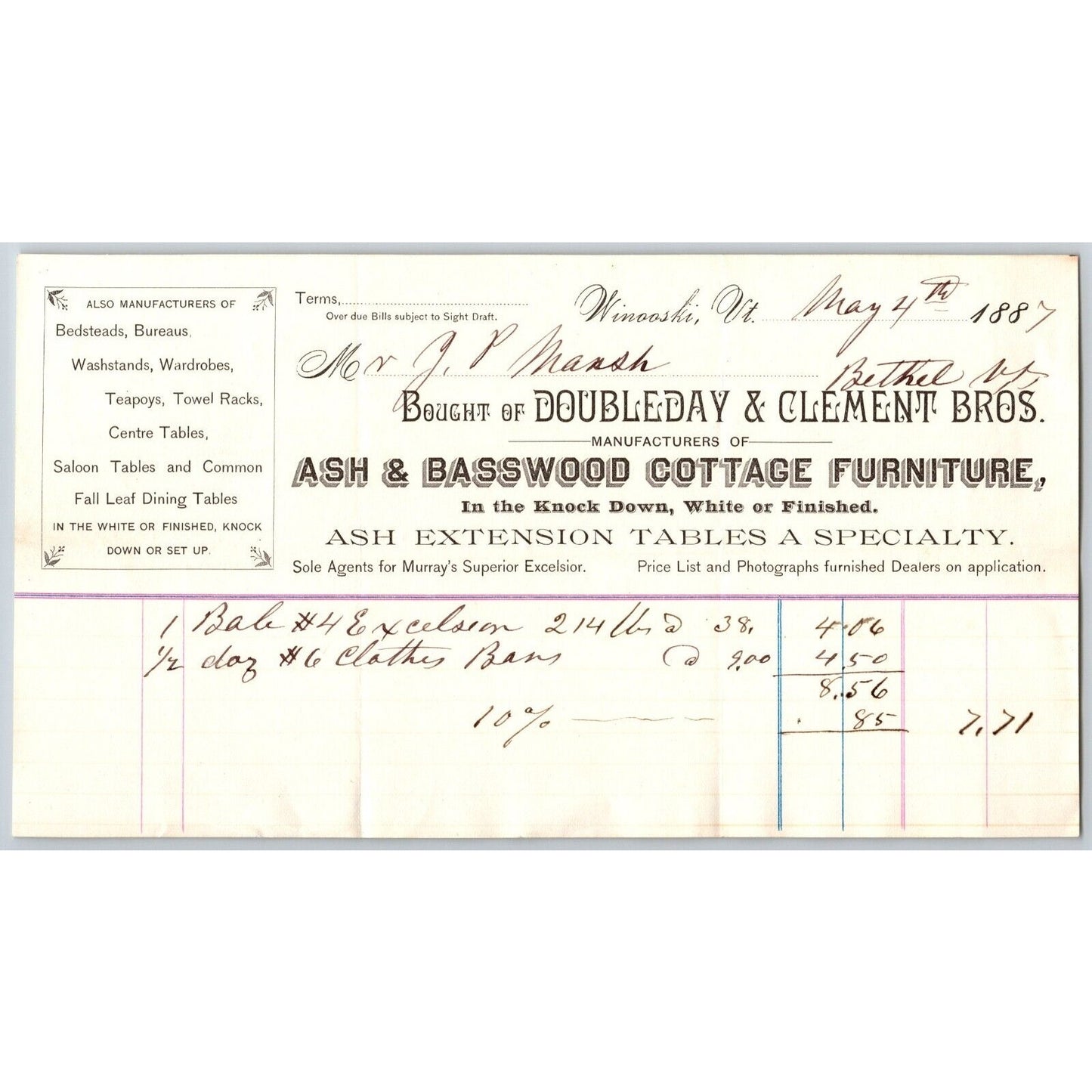 Doubleday & Clement Bros. Basswood Furniture Winooski, VT 1887 Billhead VGC
