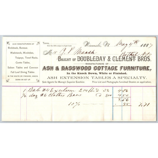 Doubleday & Clement Bros. Basswood Furniture Winooski, VT 1887 Billhead VGC