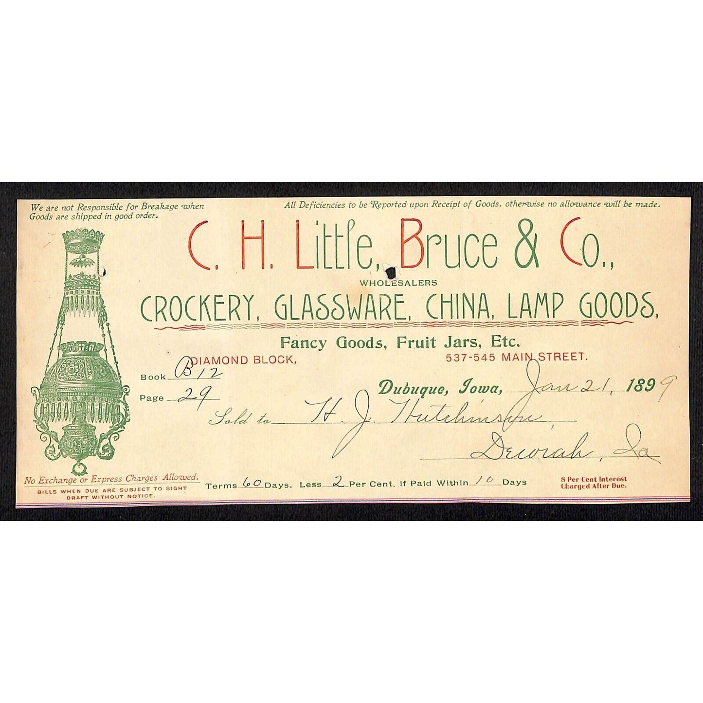 C.H. Little, Becker Co. Crockery China Hutchinson Decorah, IA* Cut 1899 Billhead