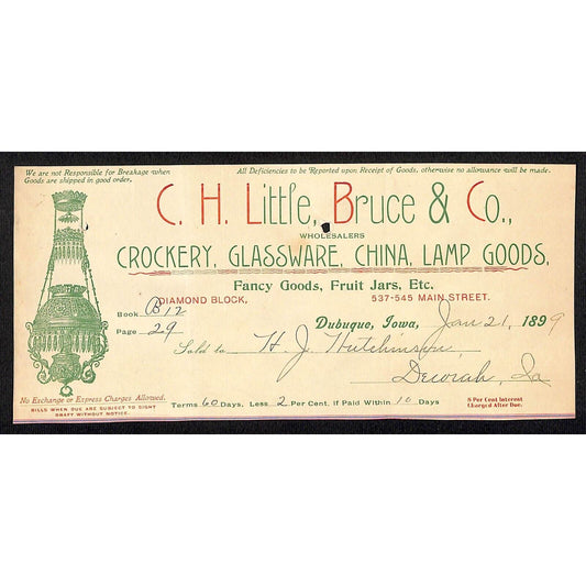 C.H. Little, Becker Co. Crockery China Hutchinson Decorah, IA* Cut 1899 Billhead