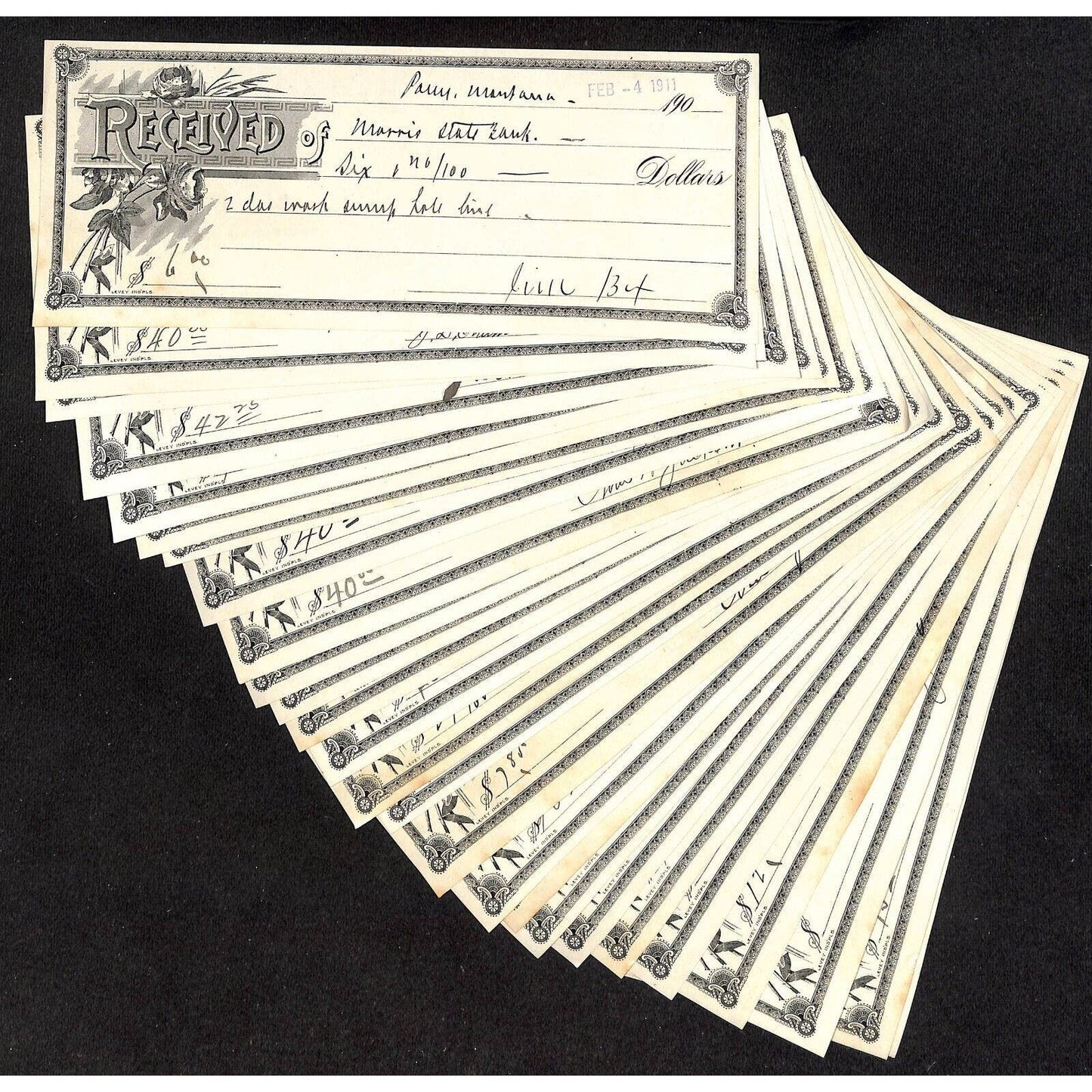 Morris State Bank Pony, MT Payment Receipts Group of 25 - 1910 & 1911