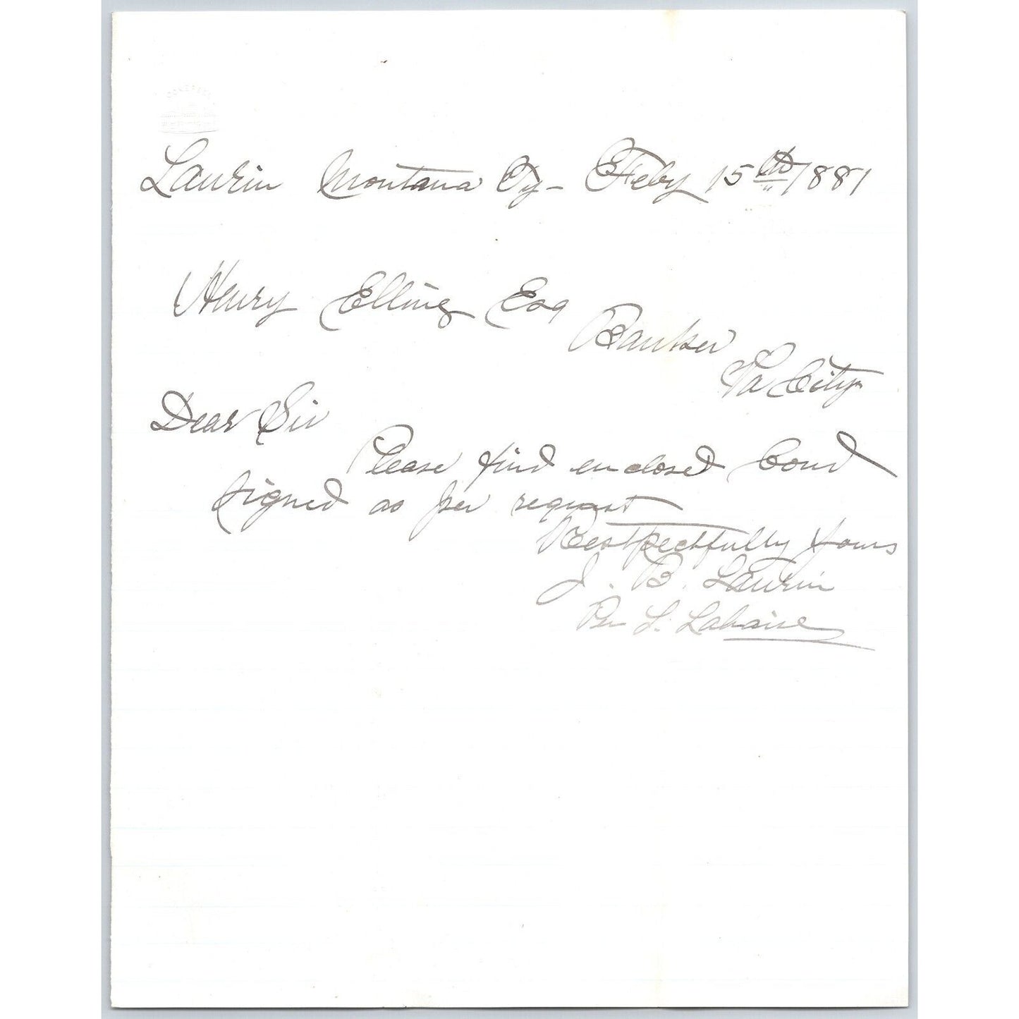 Feb 15 1881 ALS J.B. Laurin** Laurin, MT to Henry Elling* Virginia City, MT