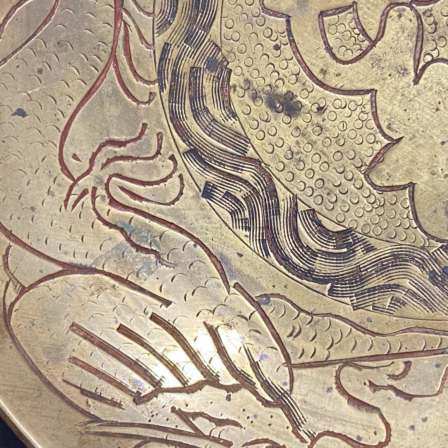 Vintage Lacquered Brass? Engraved Dragon Bowl / Dish 6" dia. 9oz. Marked China