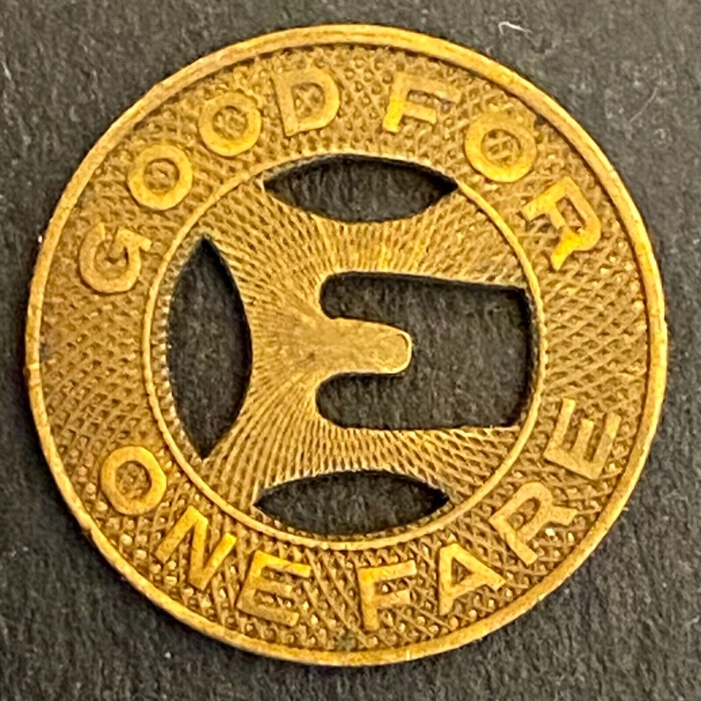 Elmira Motor Coach Corp. G/F One Fare Transit Token 16mm c1949 (#2)