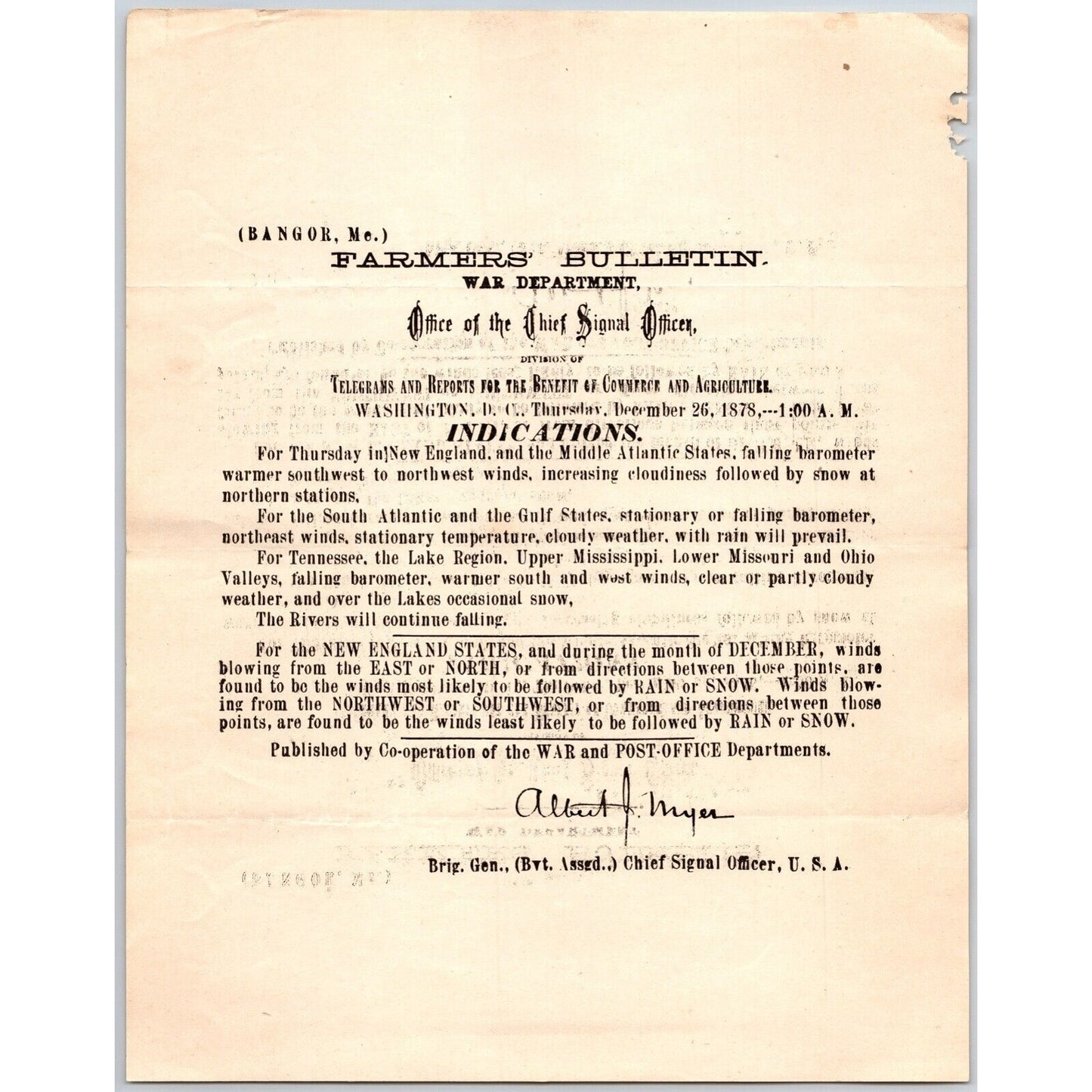 Bangor, ME Chief Signal Office, War Department Farmers' Bulletin - Dec. 26, 1878