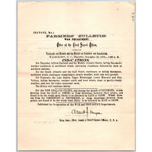 Bangor, ME Chief Signal Office, War Department Farmers' Bulletin - Dec. 26, 1878