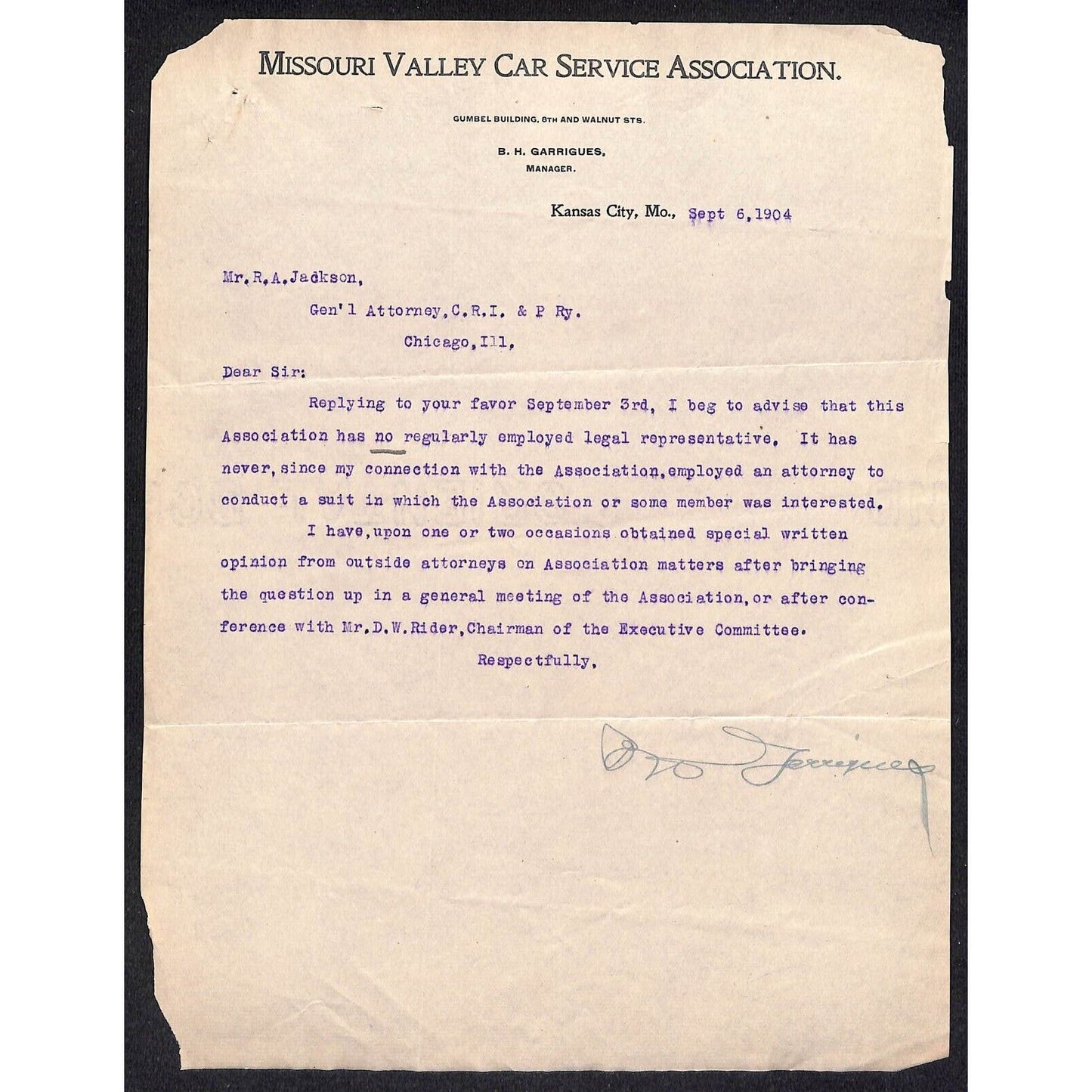 Missouri Valley Car Service Ass'n 1904 Letterhead to CRI&P re: Legal Rep