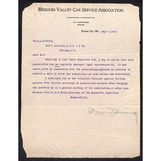 Missouri Valley Car Service Ass'n 1904 Letterhead to CRI&P re: Legal Rep
