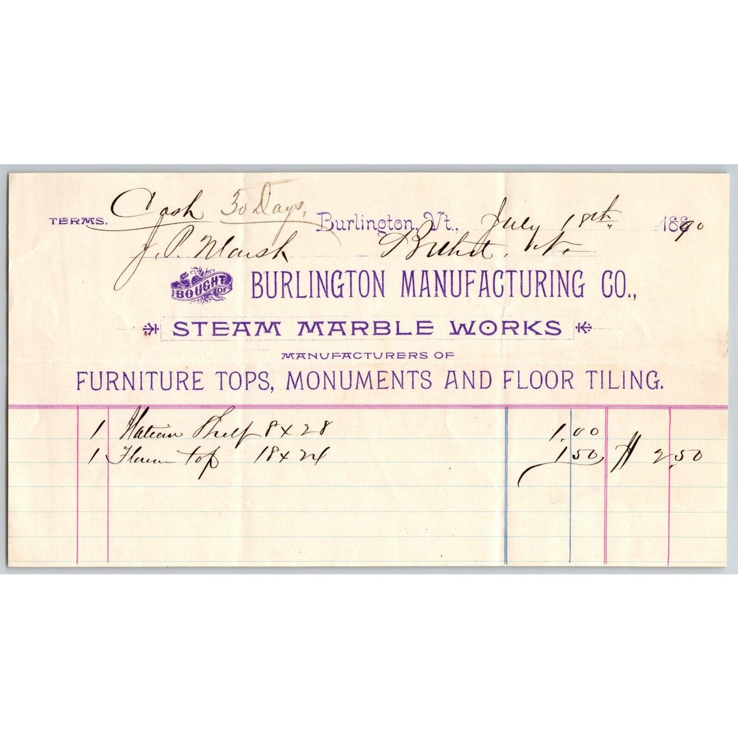 Burlington Manufacturing Co. Steam Marble Works Vermont 1890 Billhead