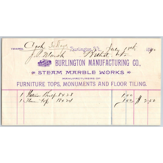 Burlington Manufacturing Co. Steam Marble Works Vermont 1890 Billhead