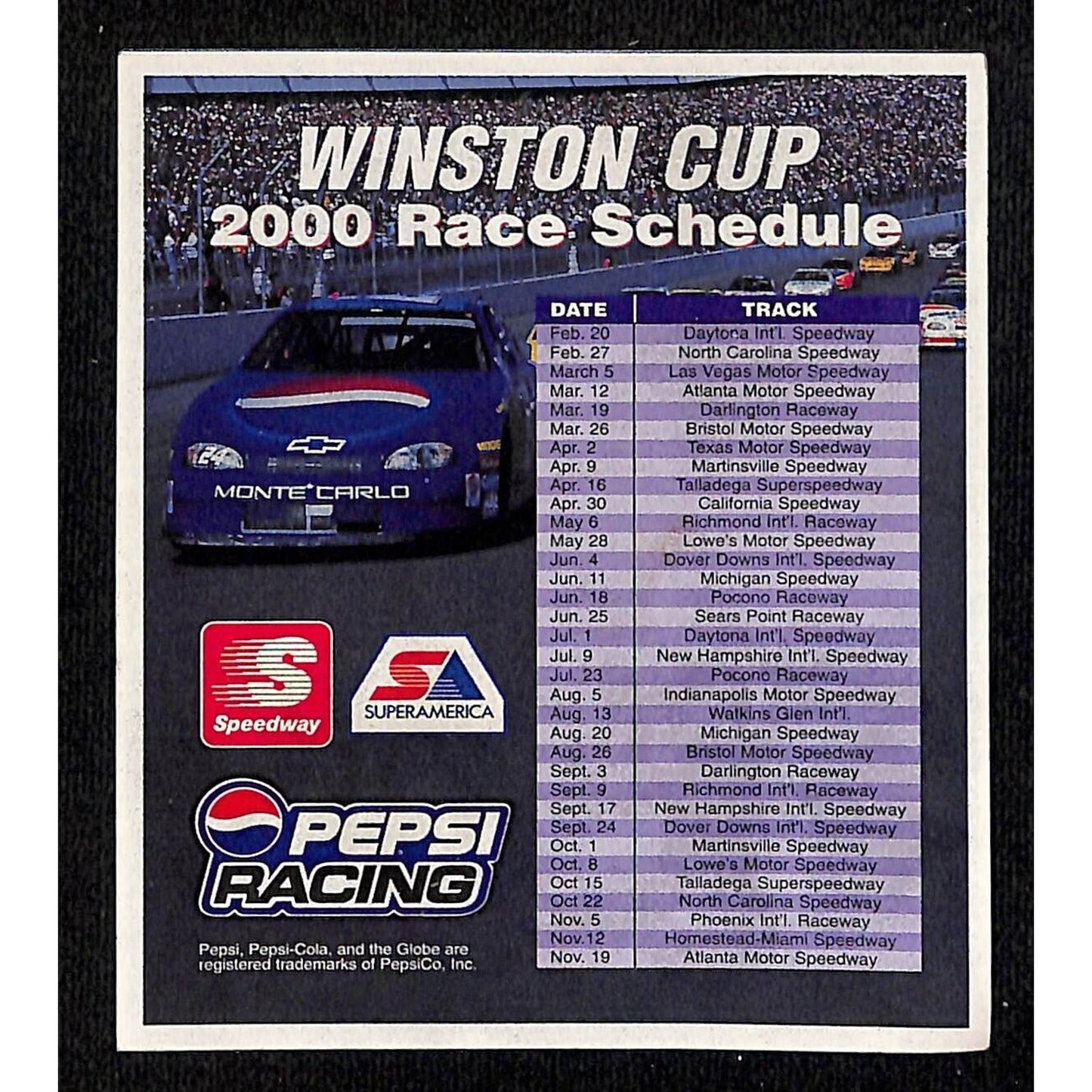 2000 Winston Cup / Pepsi Racing Race 3 1/2" x 4" Schedule Sheet Magnet VGC NOS