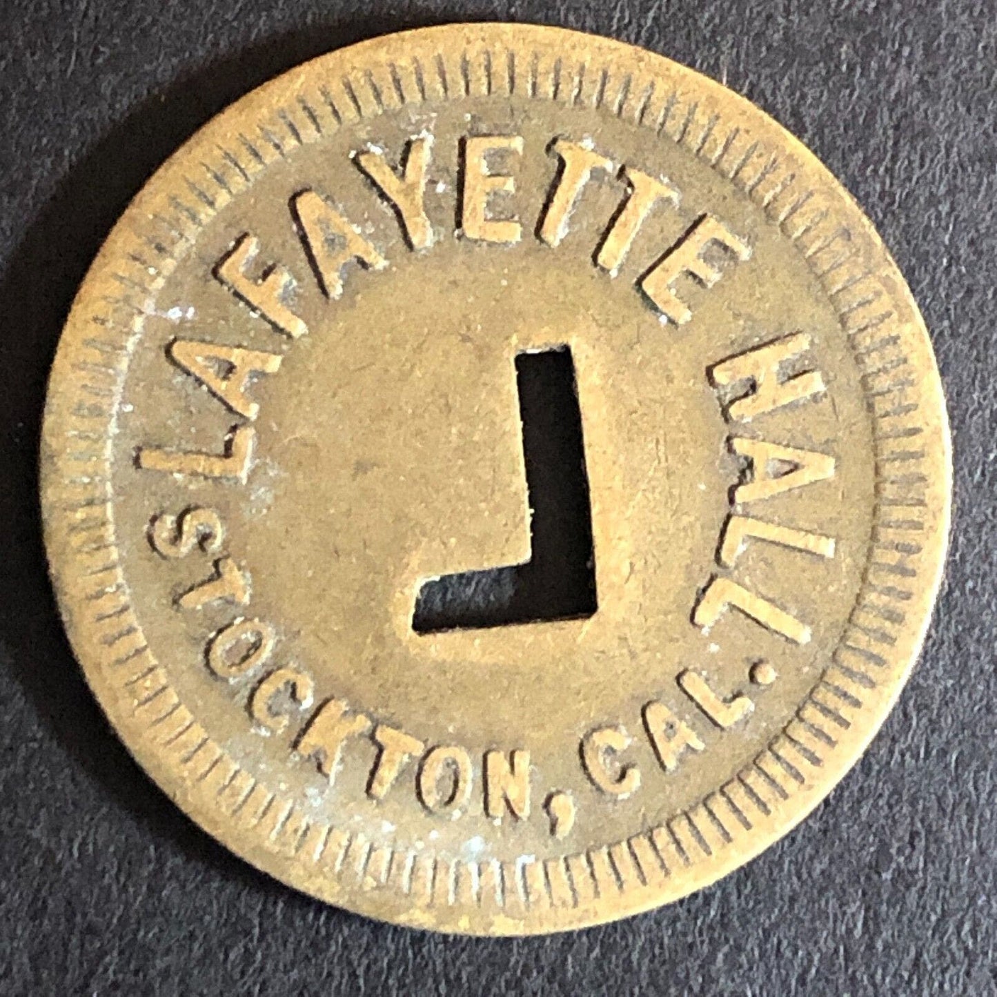 Lafayette Hall Stockton, CA Brass Trade Token w/ "L" Cutout 24mm Scarce