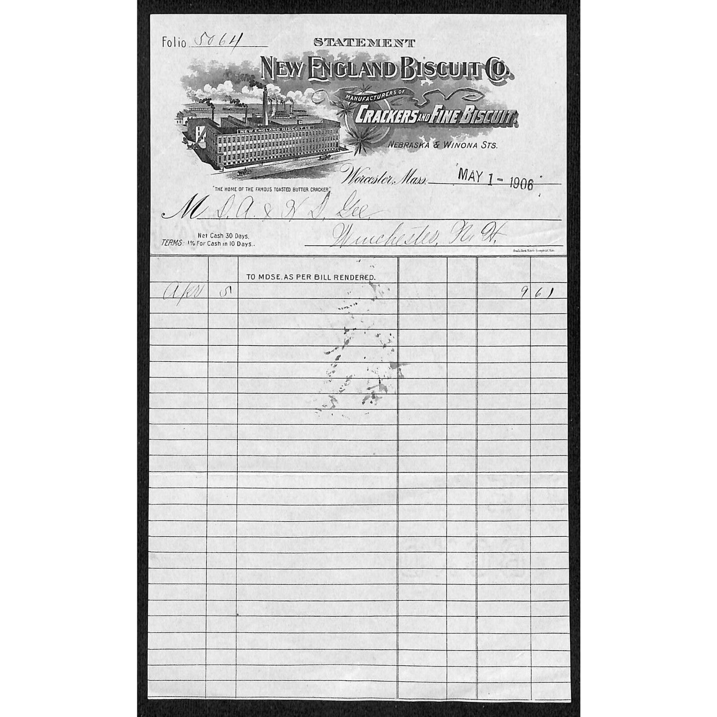 New England Biscuit (Little Brothers) Worcester, MA 1906 Statement / Billhead