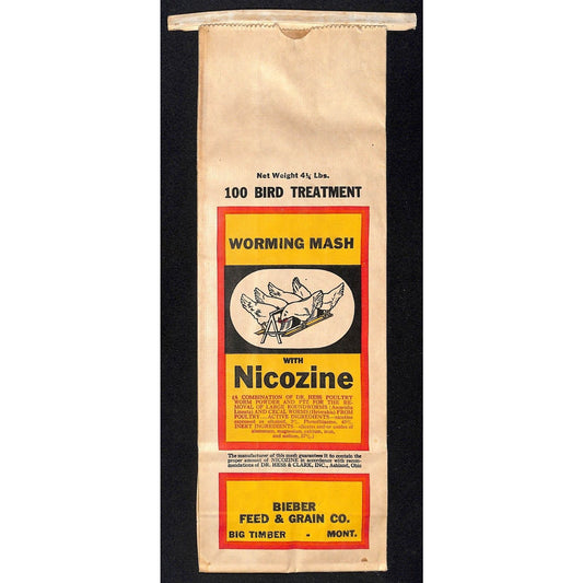 Bieber Feed & Grain Co. Big Timber, MT Hess Nicozine Worming Mash Bag c1955 (#2)