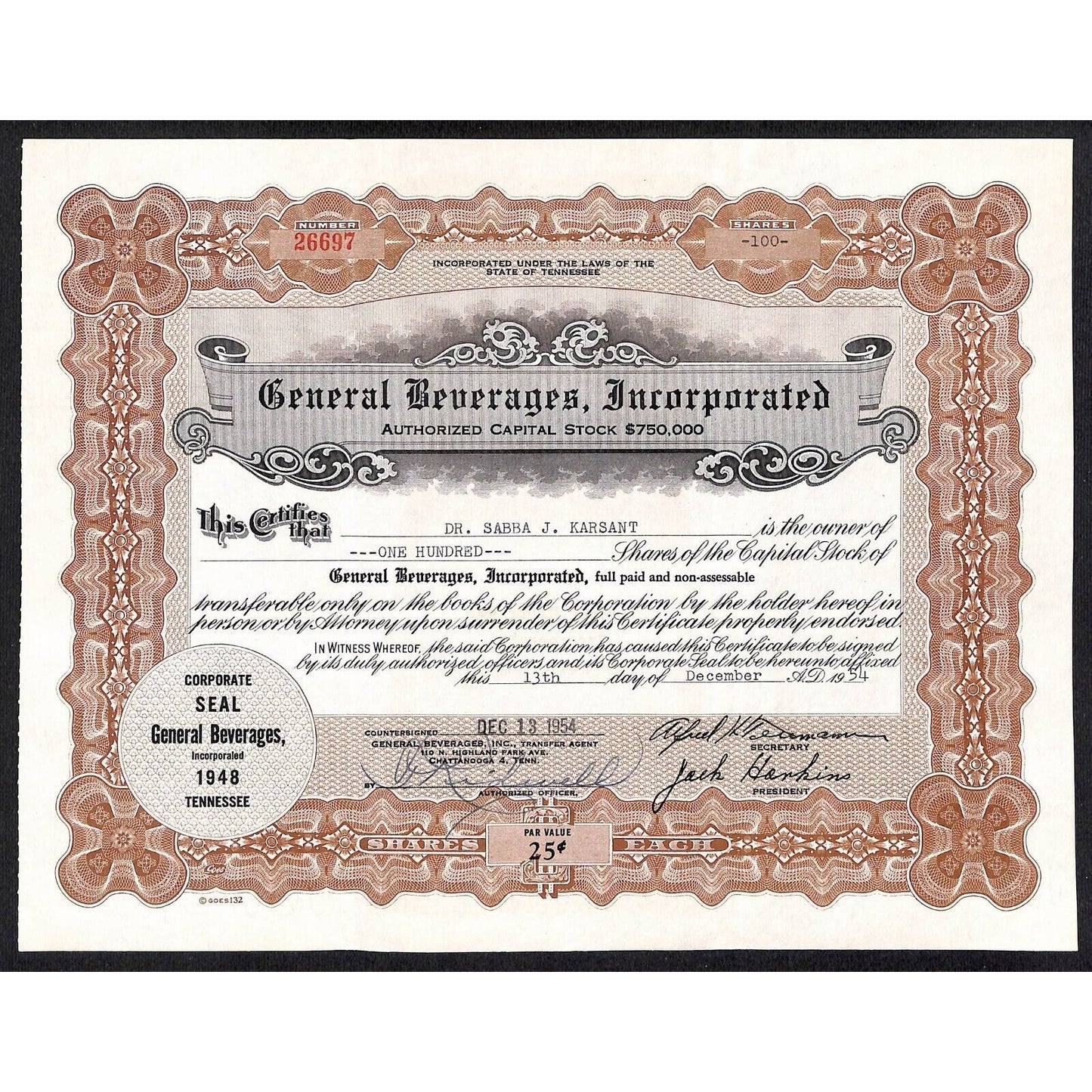 General Beverages, Inc.* Tennessee 1954 Stock Certificate Dr. Sabba J. Karsant