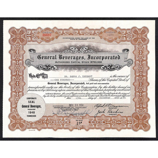 General Beverages, Inc.* Tennessee 1954 Stock Certificate Dr. Sabba J. Karsant