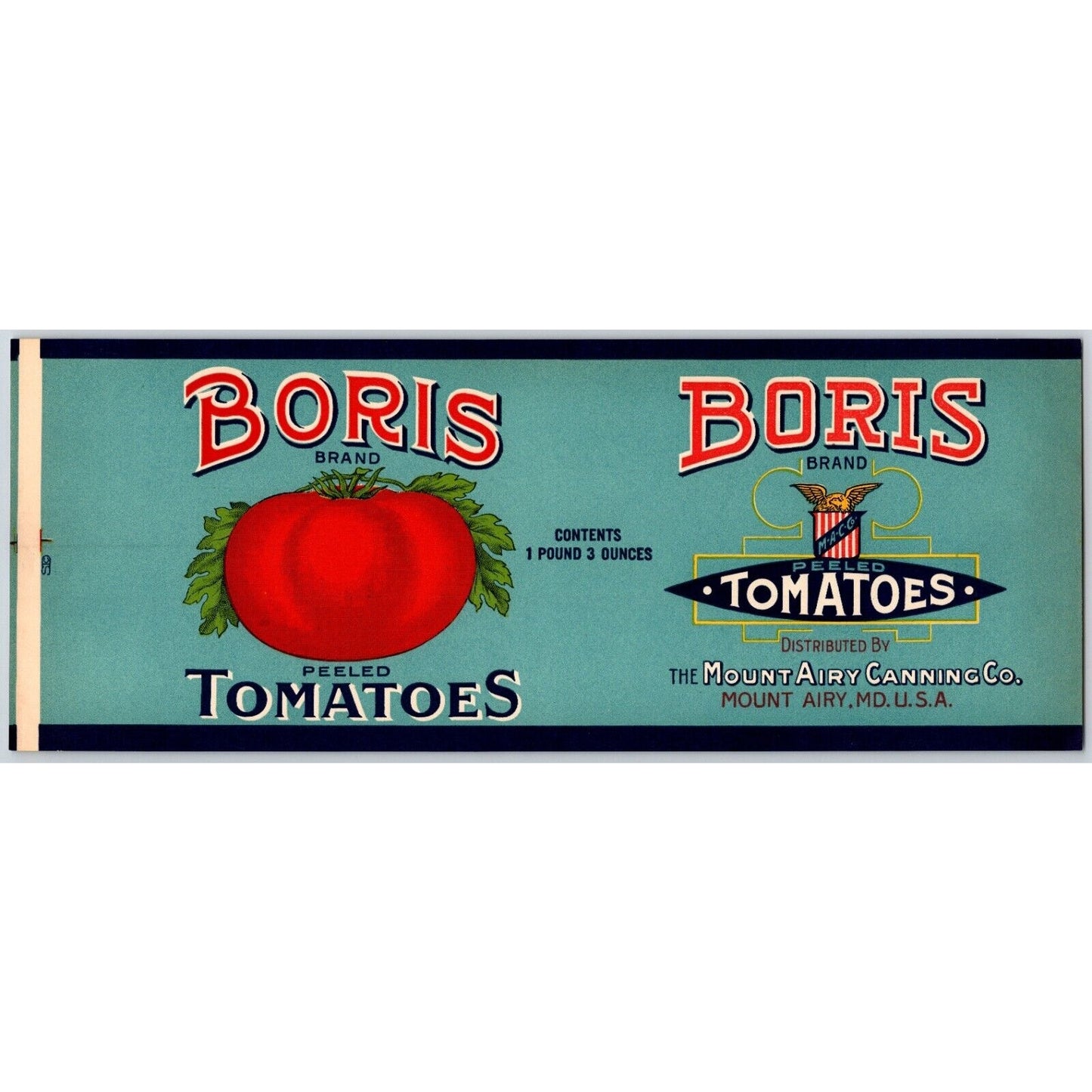 Boris Tomatoes Mount Airy Canning Co. MD Paper Can Label c1920's-30's VGC