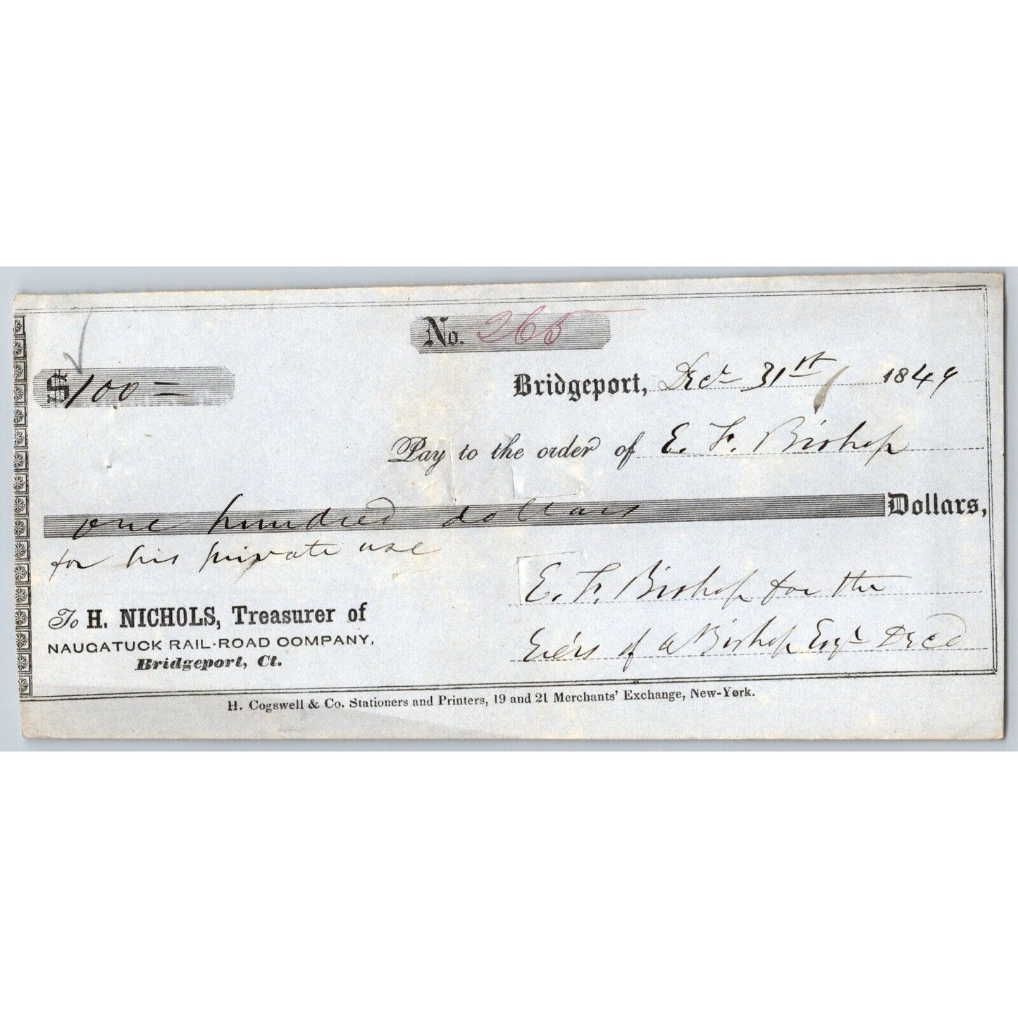 Naugatuck Railroad Co. Bridgeport Connecticut 1849 Check #265 E.F Bishop Signed