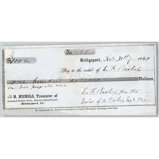 Naugatuck Railroad Co. Bridgeport Connecticut 1849 Check #265 E.F Bishop Signed