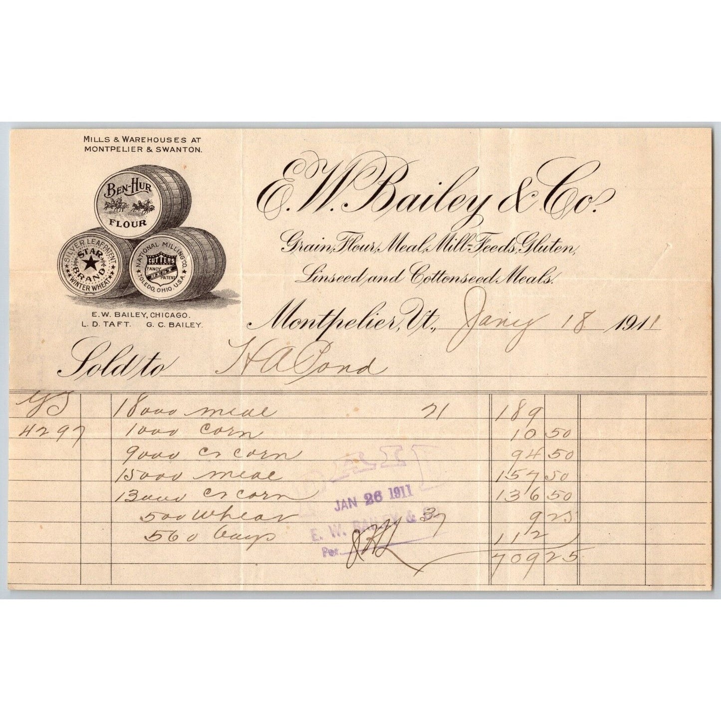 E.W. Bailey & Co. Grain Flour Mill Feeds Montpelier, VT 1910 Billhead Lg. Order