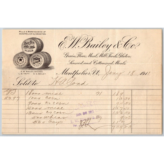 E.W. Bailey & Co. Grain Flour Mill Feeds Montpelier, VT 1910 Billhead Lg. Order
