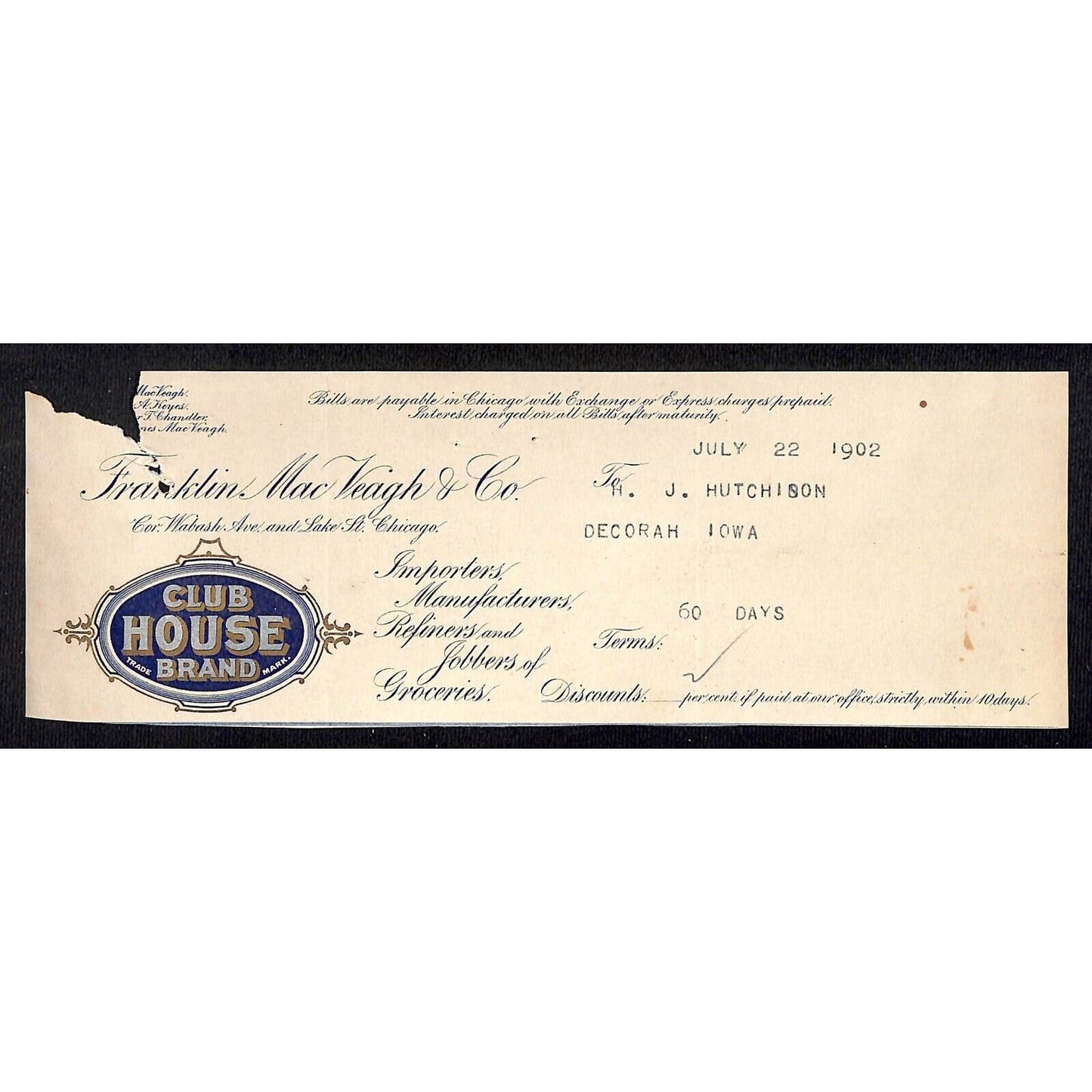 Franklin Mac Veagh Club House HJ Hutchinson Decorah, IA* Cut 1902 Billhead