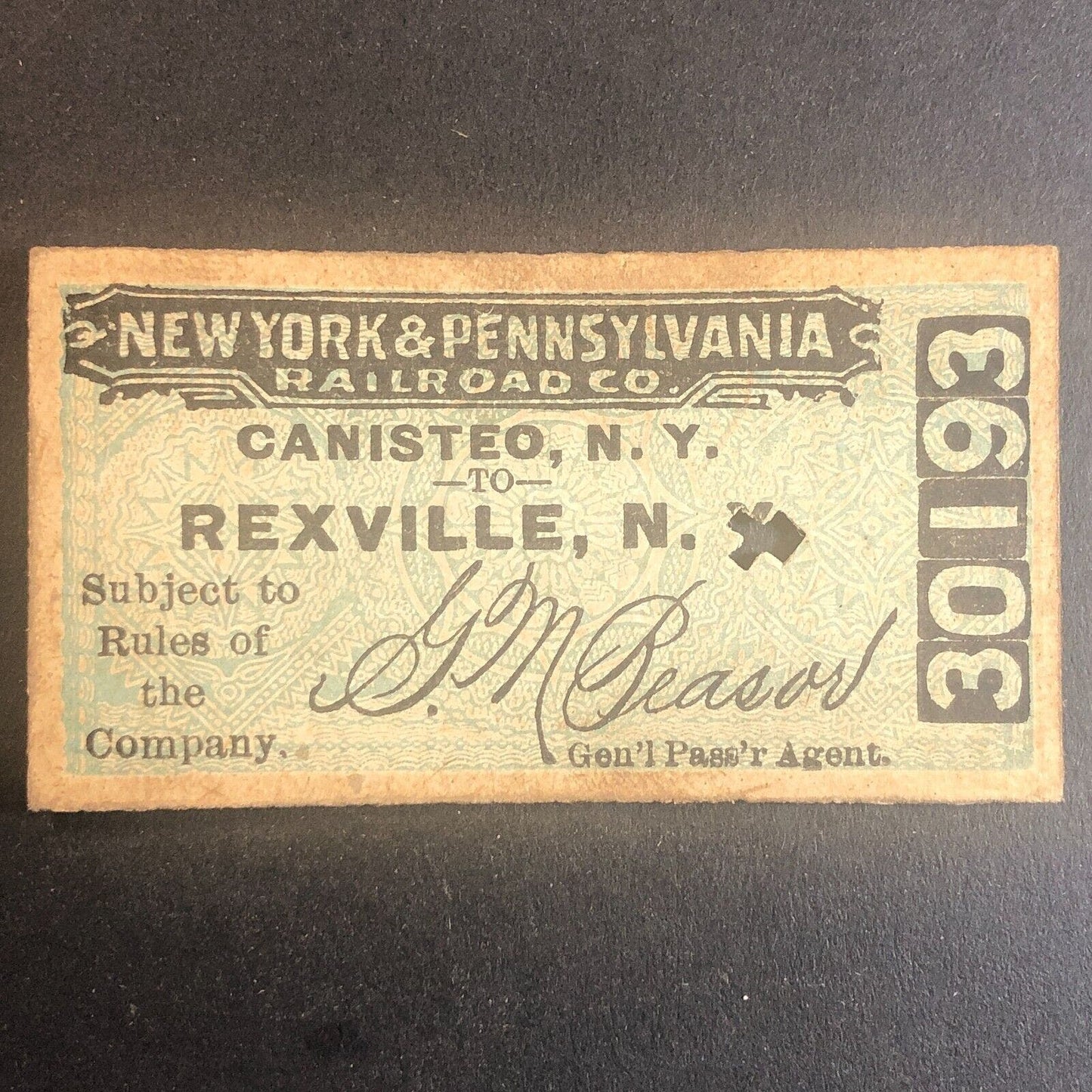 New York & Pennsylvania Railroad July 3 1917 Rexville, NY Ticket #30193