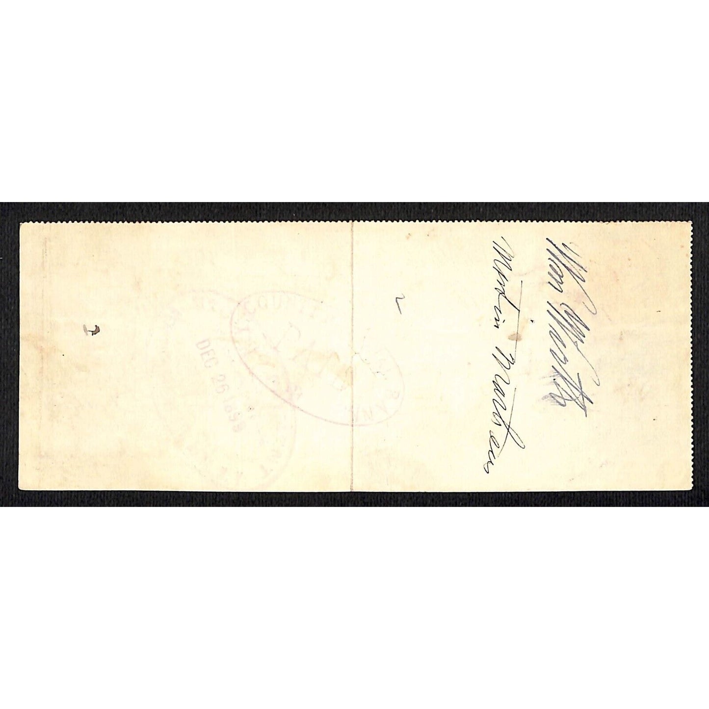 1899 Wells Fargo & Co Bank 63 Broadway NYC Check #50 w/ Rev Stamp William Wirth