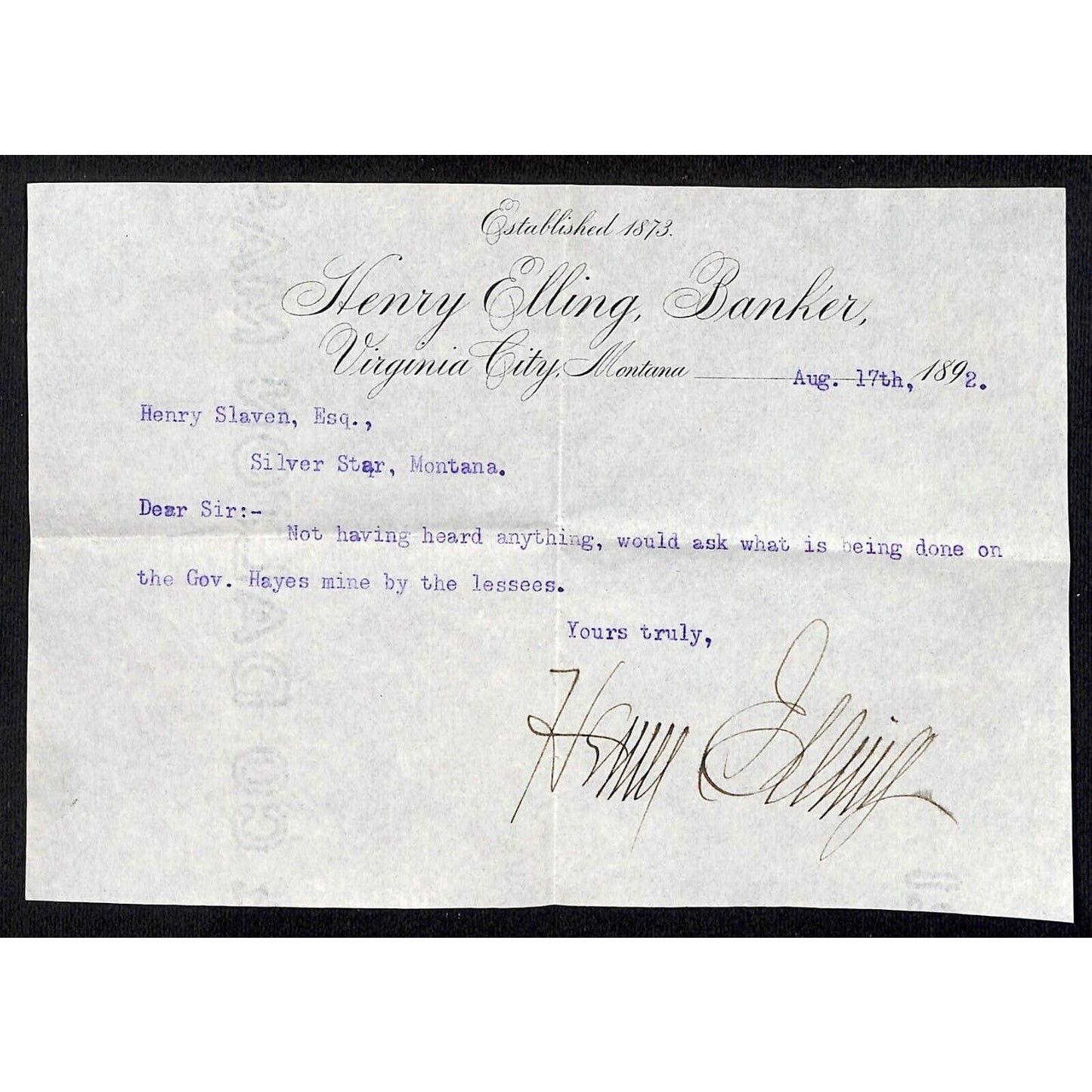 1892 Henry Elling, Banker Virginia City, MT Mining TLS re: Hayes Mine