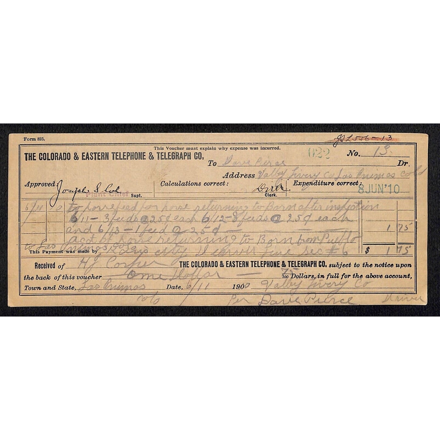 Colorado & Eastern Telephone & Telegraph Co 1910 Receipt -Horse Feed & Board