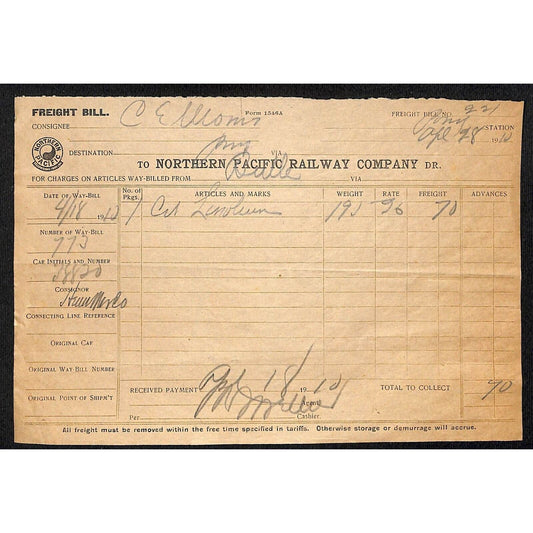 Northern Pacific Railway 1910 Freight Receipt for 195 lbs. Pony, MT