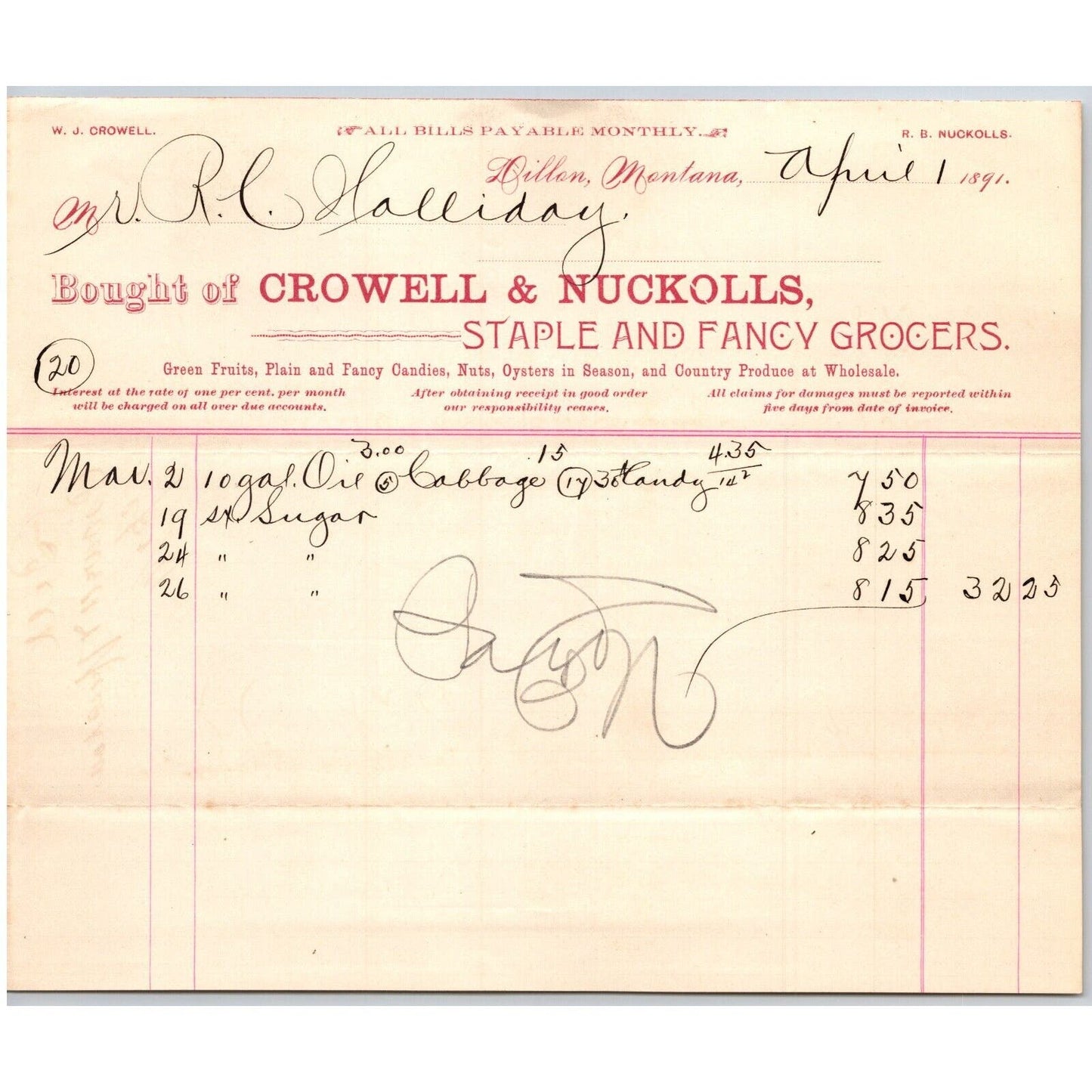 Dillon MT Crowell & Nuckolls Apr. 1891 Billhead Fancy Groceries R.C. Halliday*