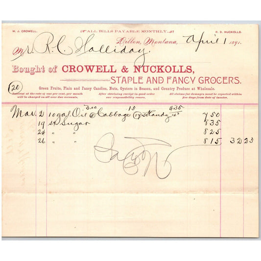 Dillon MT Crowell & Nuckolls Apr. 1891 Billhead Fancy Groceries R.C. Halliday*