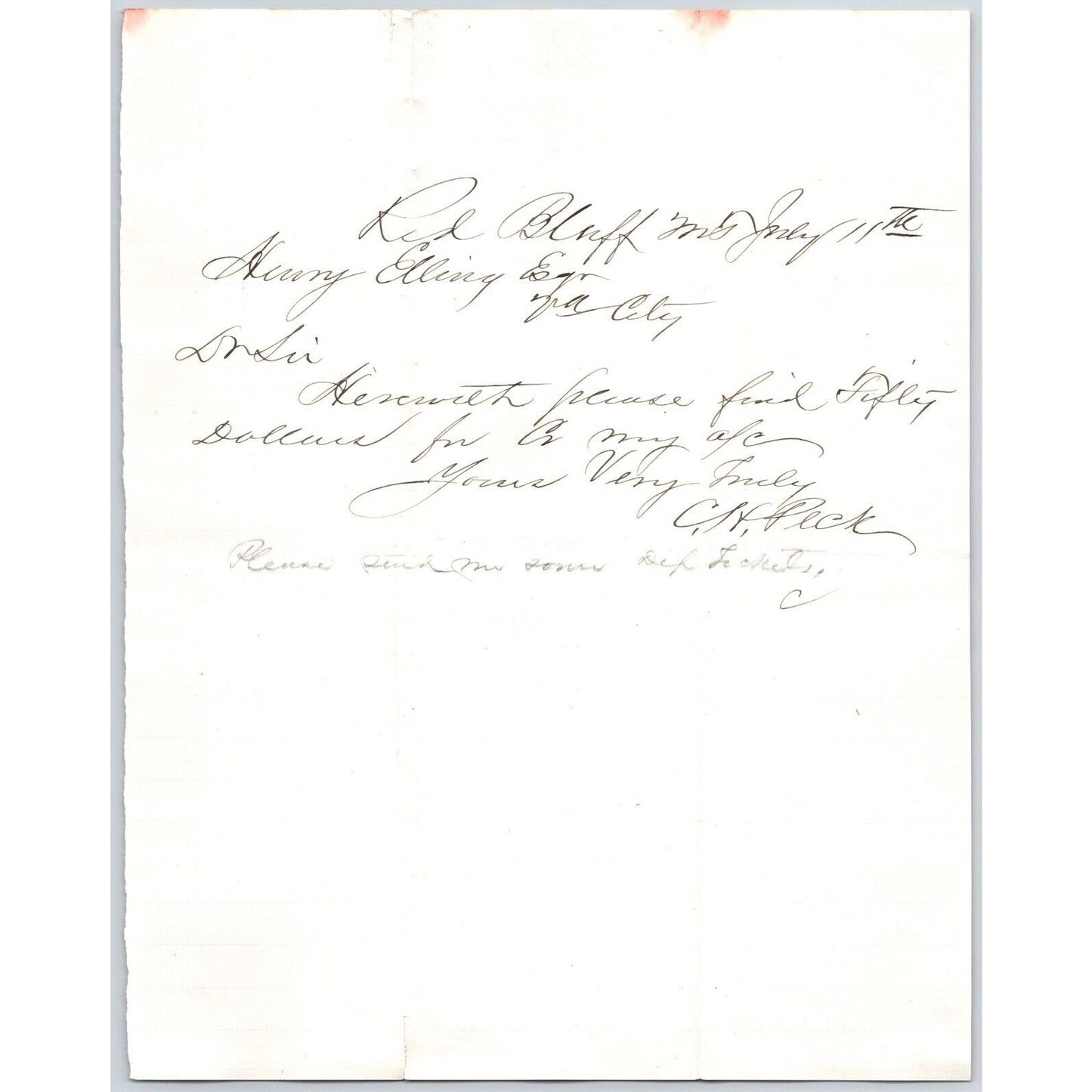 1881 C.H. Peck Red Bluff, MT ALS to Henry Elling* Virginia City, MT re: Payment