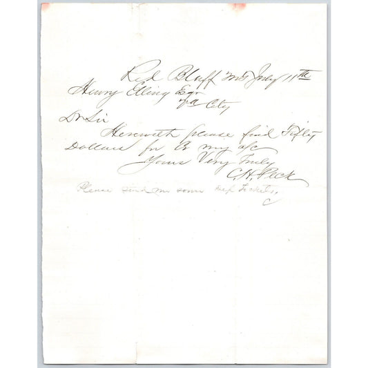 1881 C.H. Peck Red Bluff, MT ALS to Henry Elling* Virginia City, MT re: Payment