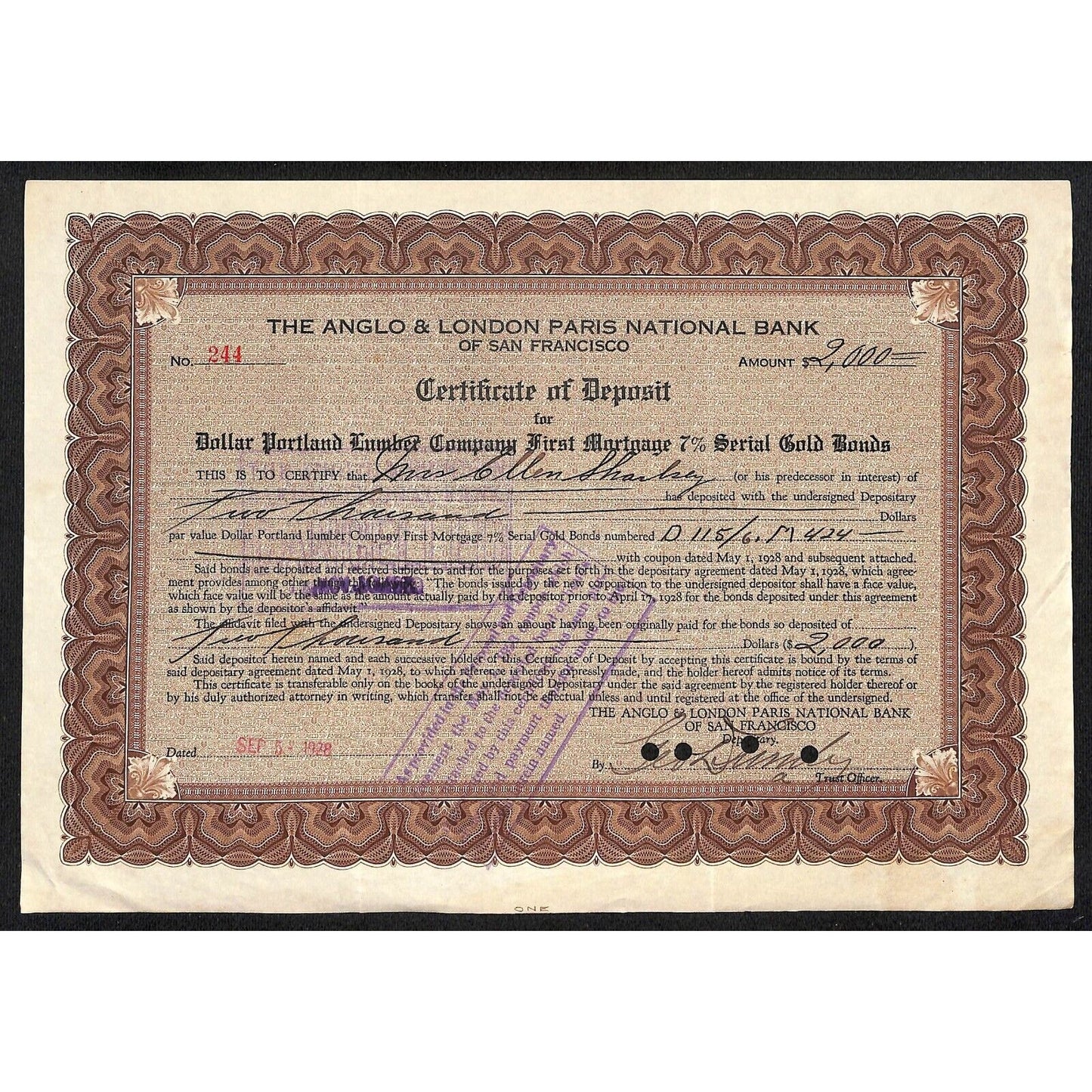 Anglo & London Paris National Bank of S.F. 1928 Certificate Deposit Sharlsey ?