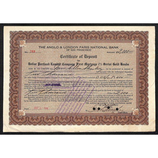 Anglo & London Paris National Bank of S.F. 1928 Certificate Deposit Sharlsey ?