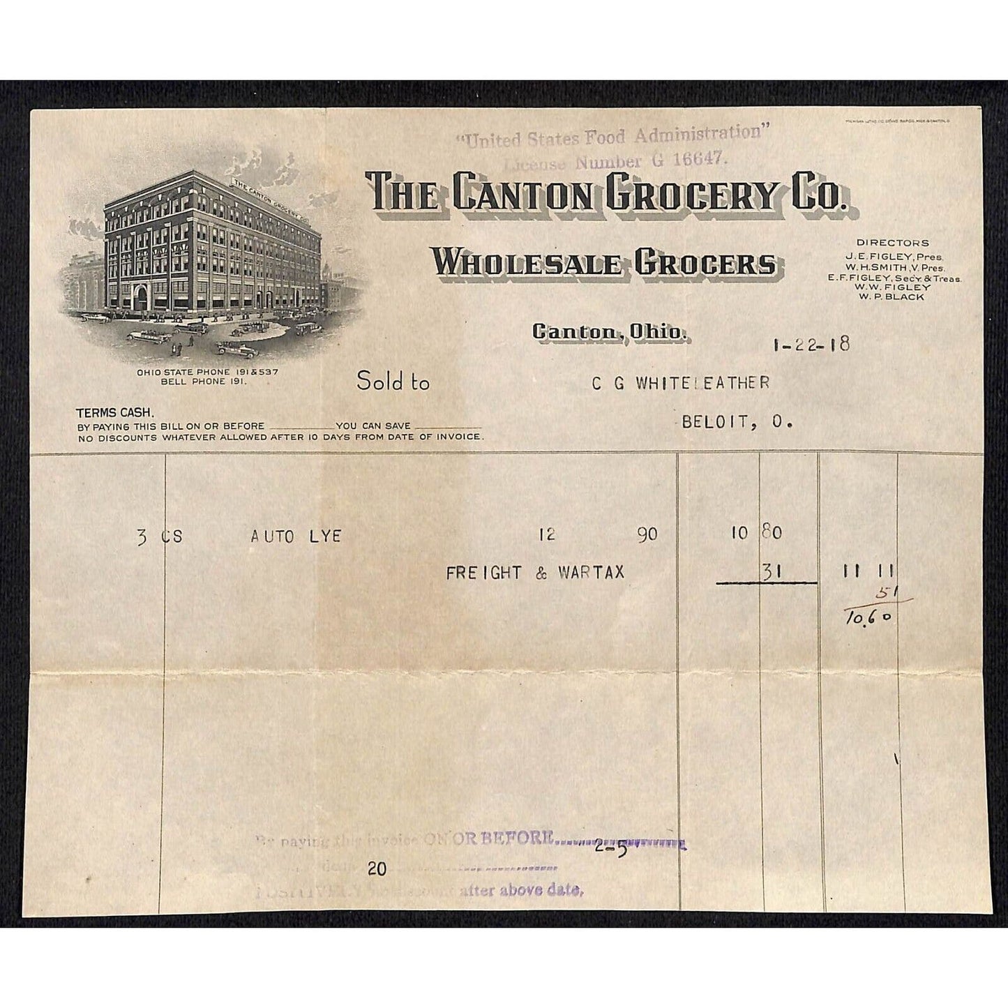 Canton Grocery Co. Ohio 1918 Billhead Whiteleather* N. Georgetown, OH