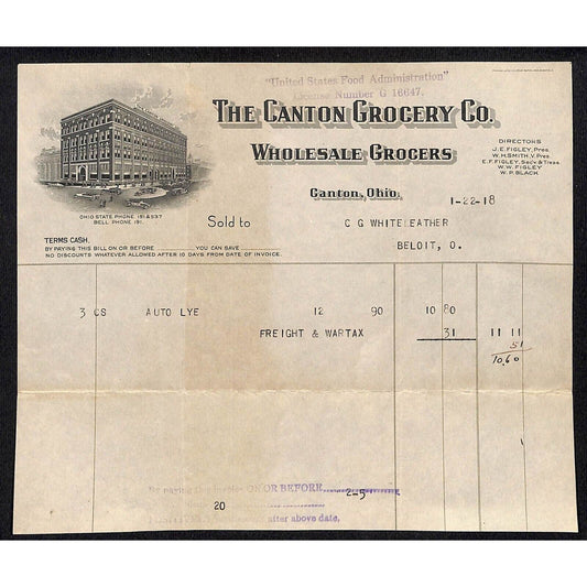 Canton Grocery Co. Ohio 1918 Billhead Whiteleather* N. Georgetown, OH