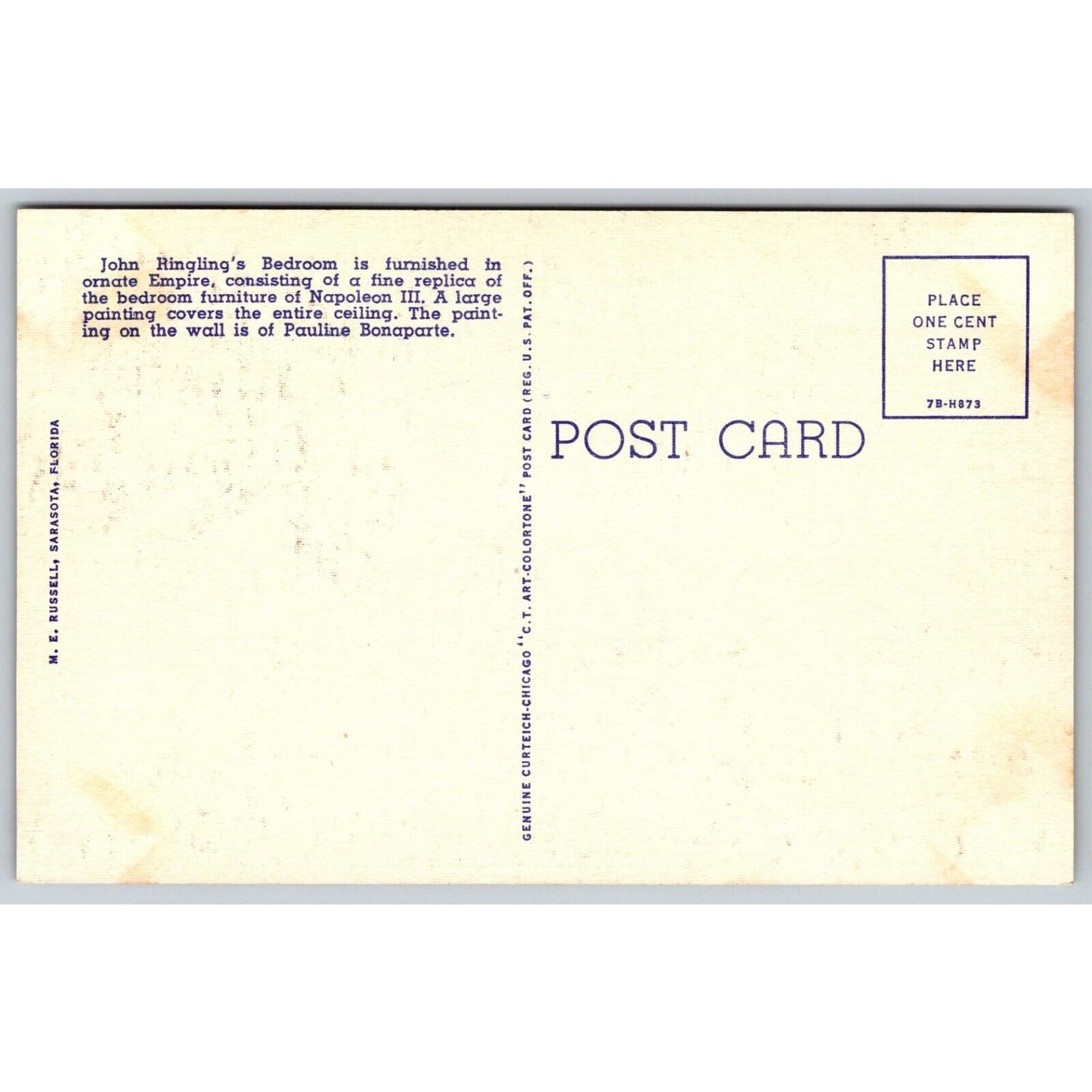 Master Bedroom John Ringling Mansion Sarasota Linen Postcard c1935-50 NP VGC